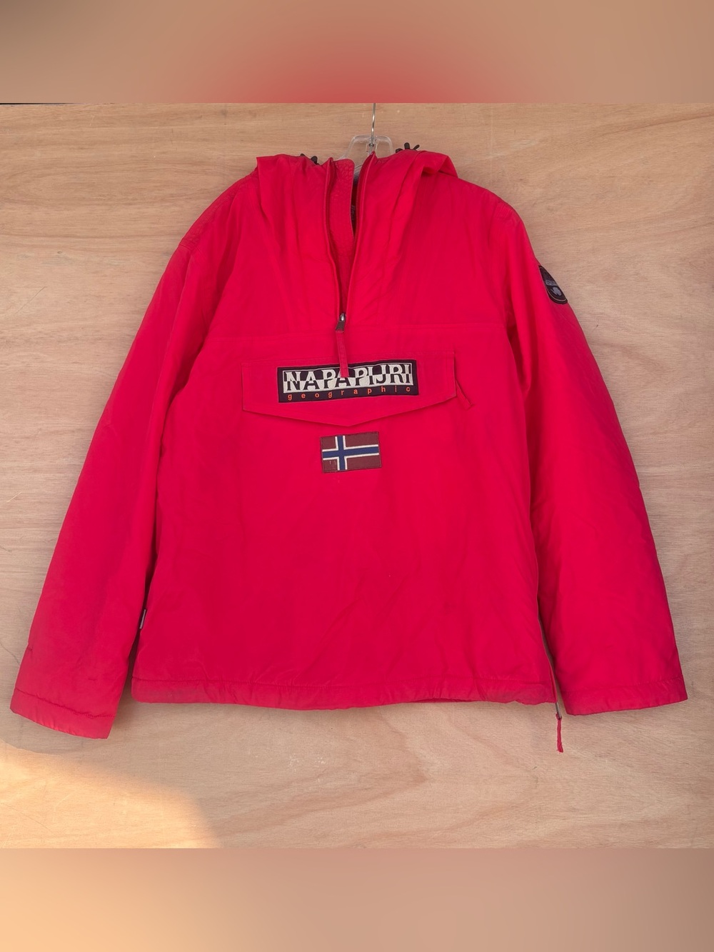 Napapijri Red Hooded Pullover Jacket with Norwegian Flag Patch